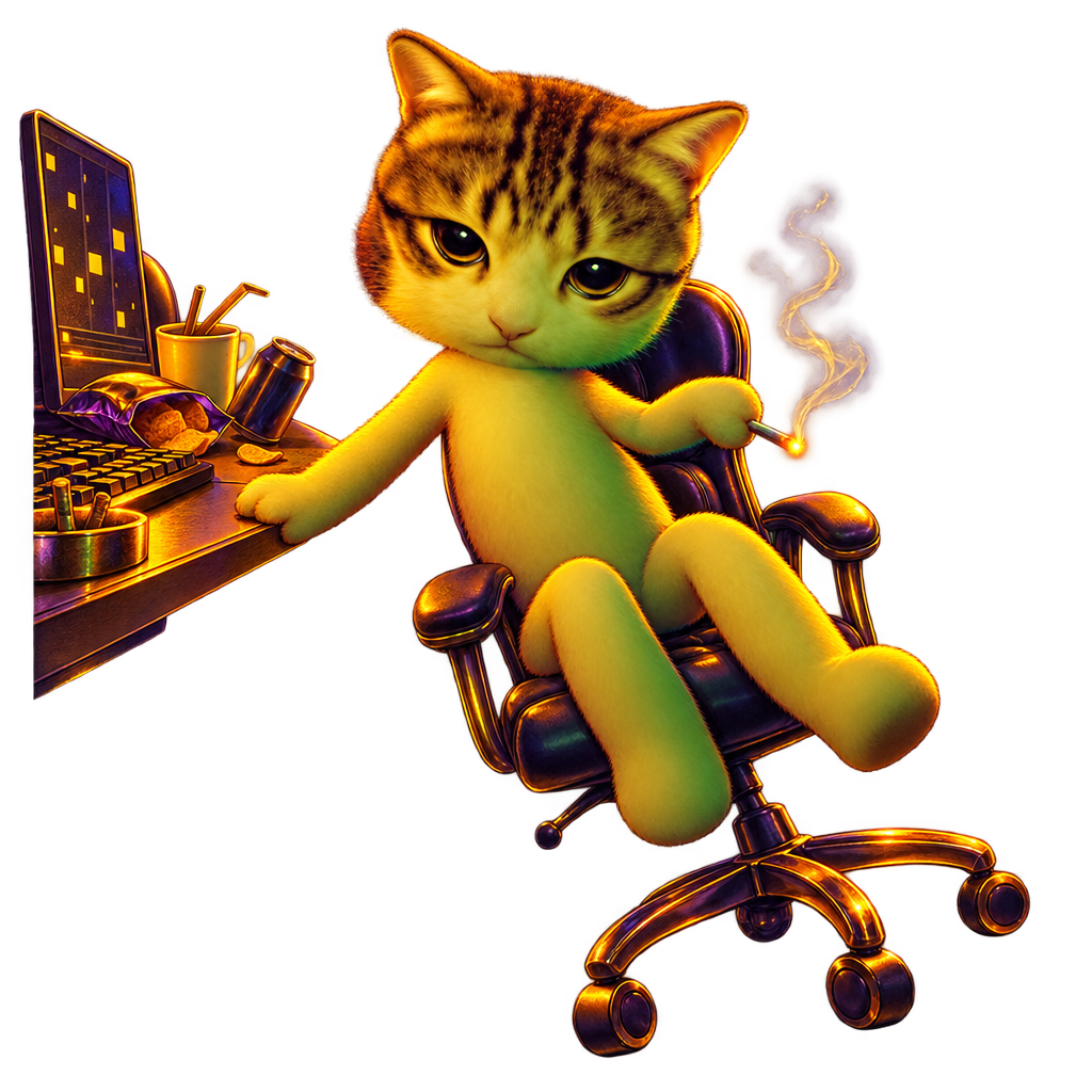 3 a.m Cat slouched in an office chair at a glowing desk, lighter in paw
