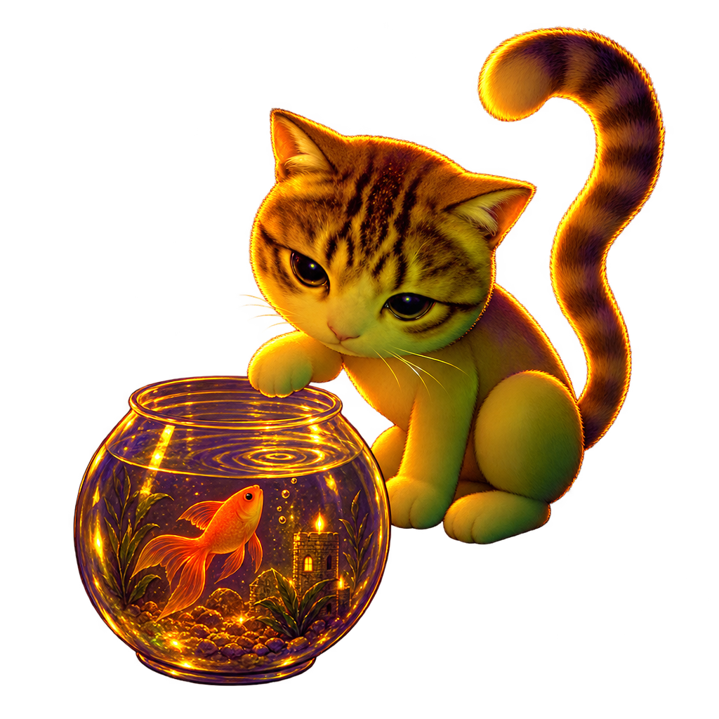 3 a.m Cat crouched by a lit goldfish bowl, tail curled, watching the fish at night