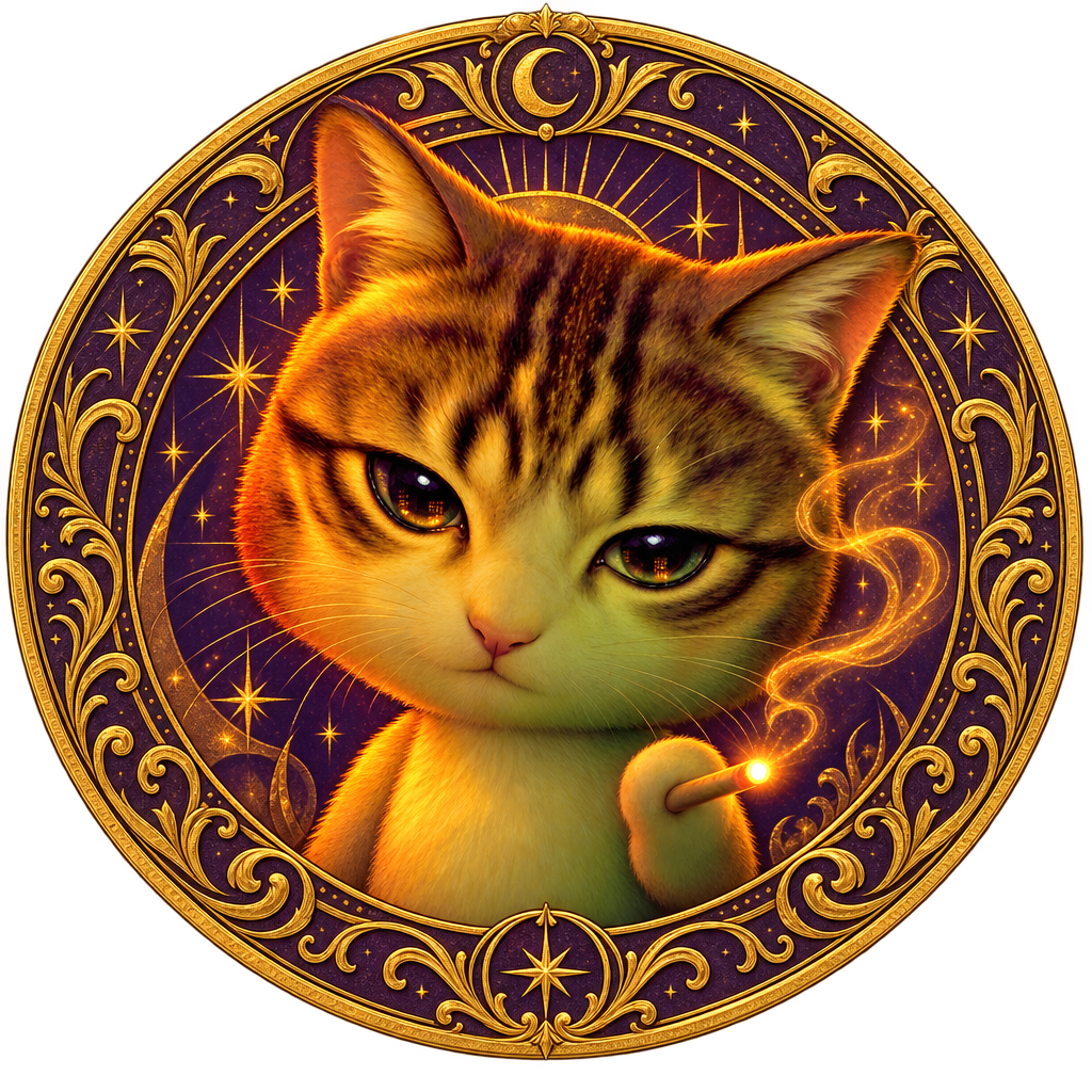 Gilt tarot medallion portrait of 3 a.m Cat lighting a match, framed by a crescent moon and stars
